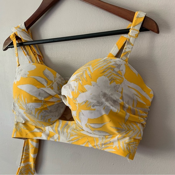 Swim By Cacique Bikini Top Yellow White Gray Floral Bra Fit Size 40DD Knot Tie - Picture 8 of 8
